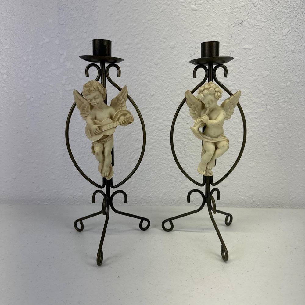 Pair Of Vintage Cherub Angel Ceramic & Metal Taper Candle Holders 10.75" MCM